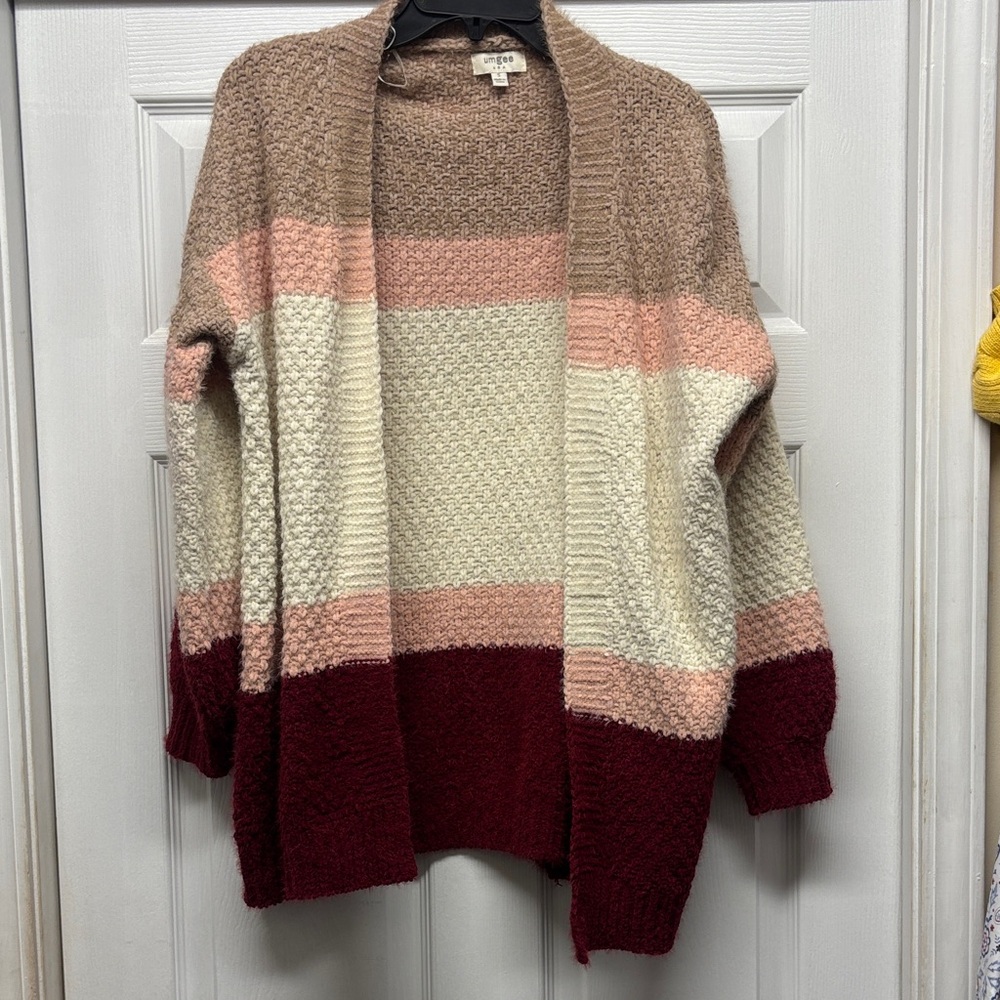 Umgee Colorblock Open Front Chunky Cardigan Sweater Tan, Cream, Burgundy, pink S